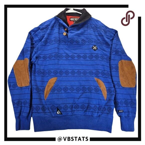 10 Deep Pullover Hoodie Size 2XL Blue Elbow & Pocket Patches Aztec Pattern - Picture 3 of 6